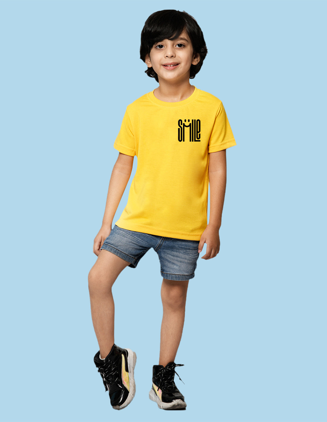 Nusyl Smile Printed Yellow Biowashed Cotton Half T-shirt T-shirt
