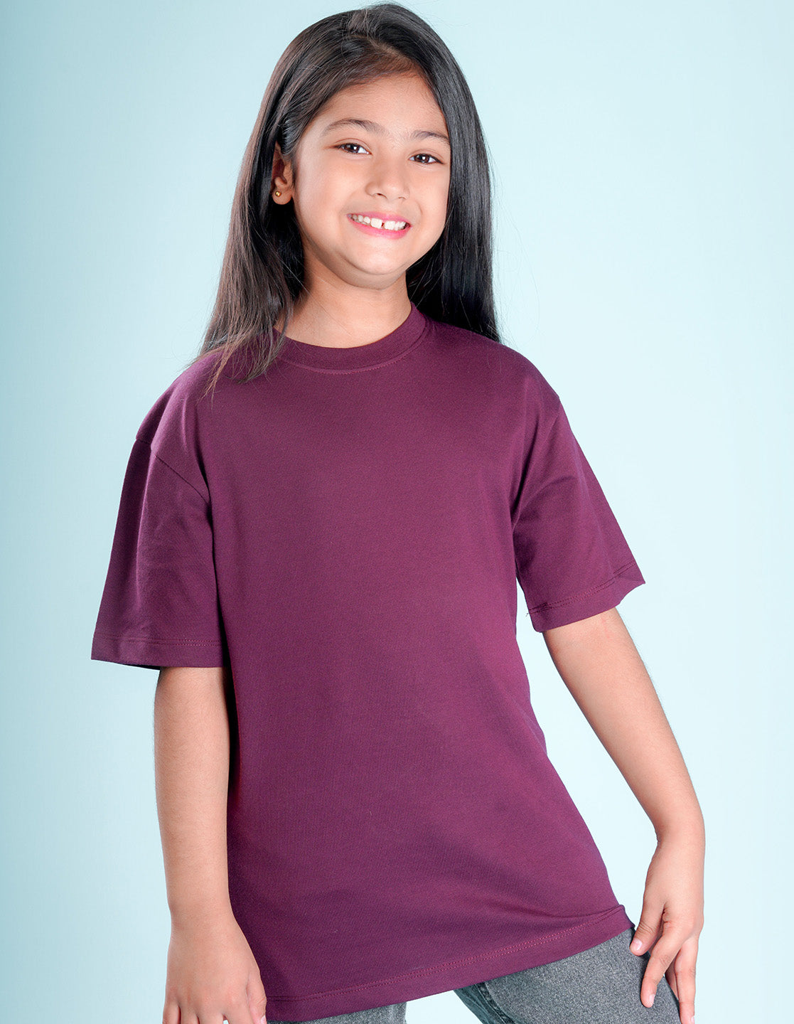 Nusyl Girls Solid Wine Oversized T-shirt