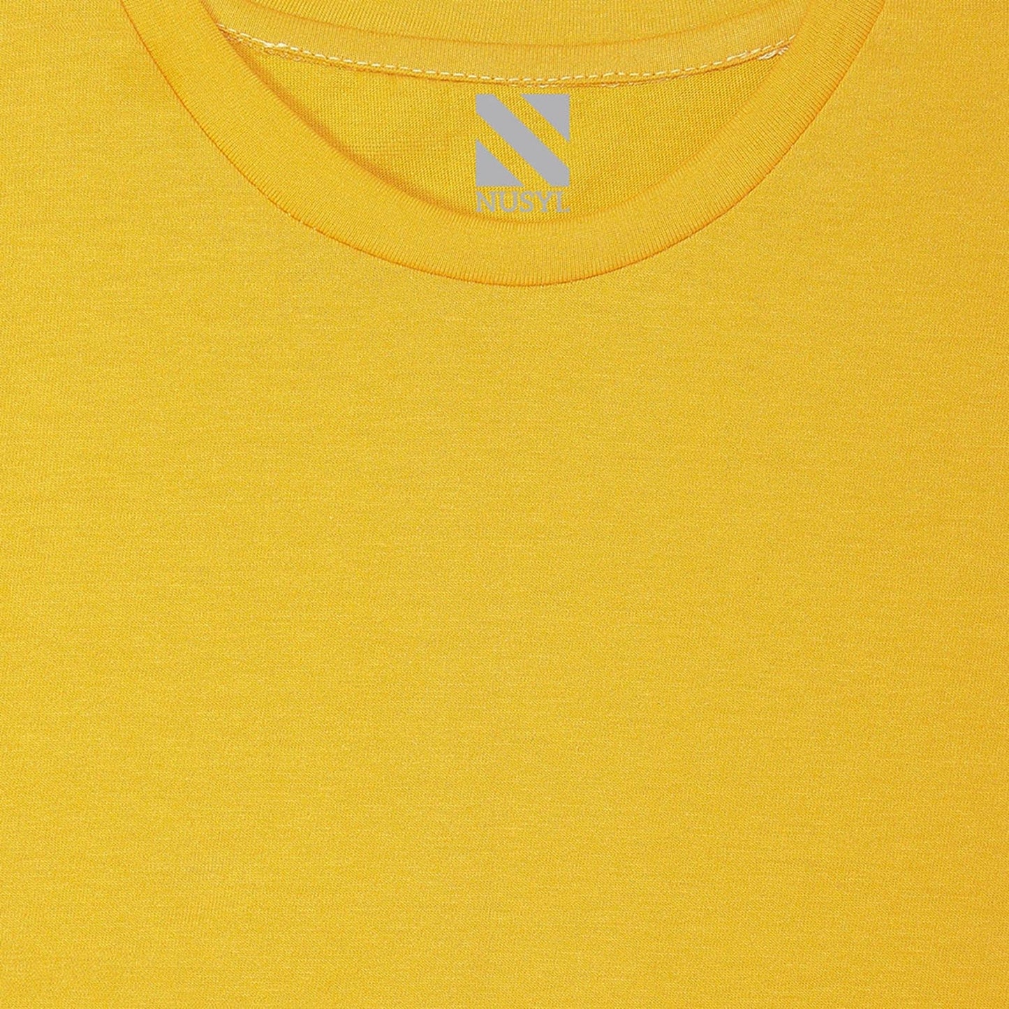 a close up of a nusyl yellow short sleeve t shirt with nusyl logo