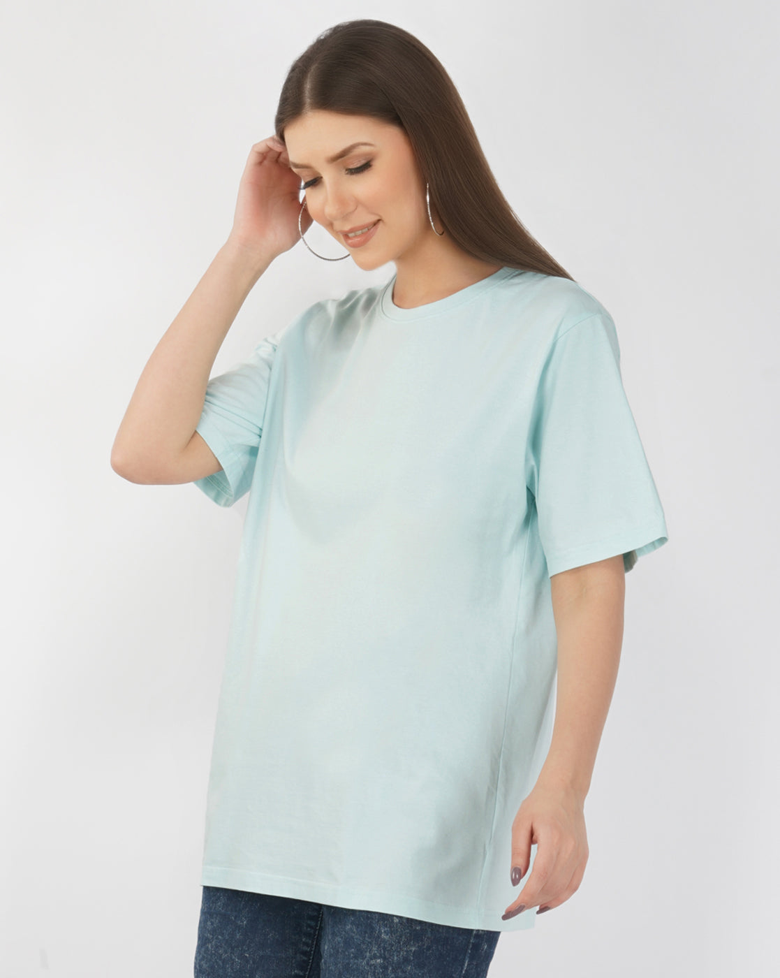 Nusyl Women Powder Blue Solid oversized t-shirt