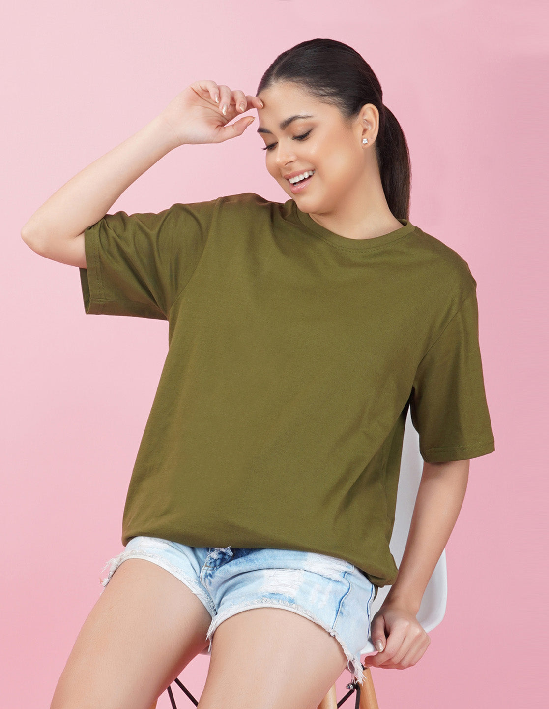 Nusyl Women Olive Text print oversized t-shirt