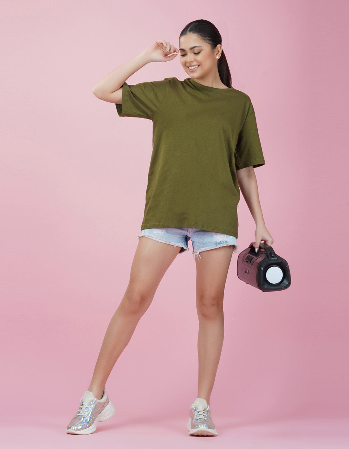 Nusyl Women Olive Text print oversized t-shirt