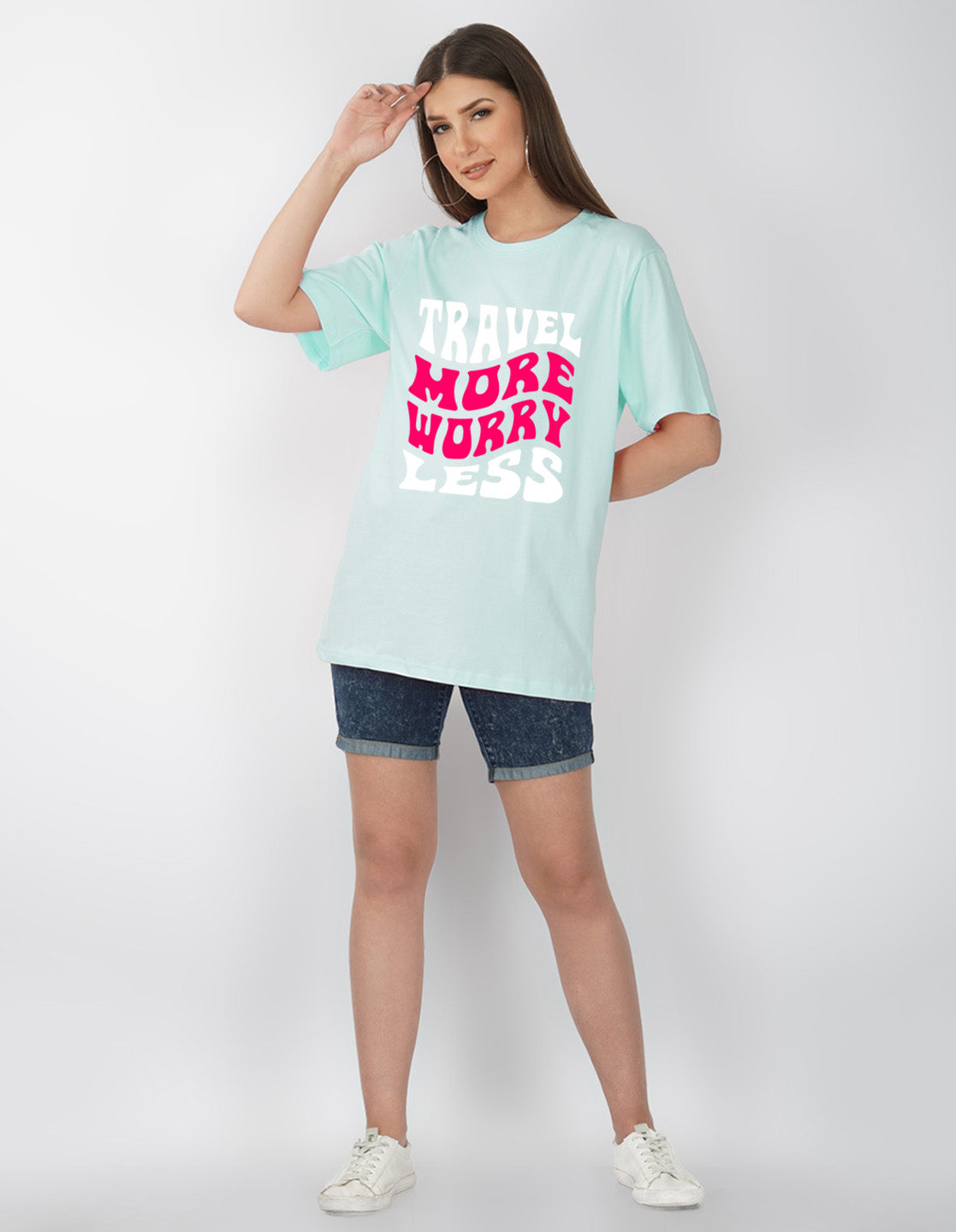 Nusyl Women Powder Blue Text print oversized t-shirt