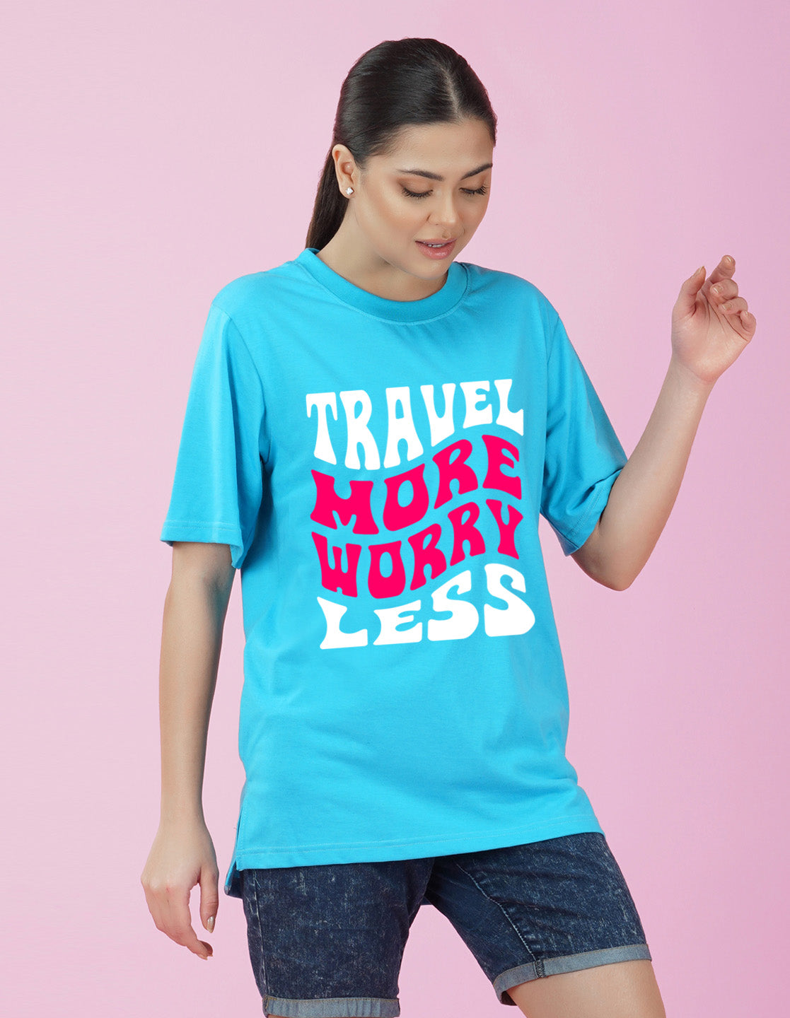 Nusyl Women Sky Blue Text print oversized t-shirt
