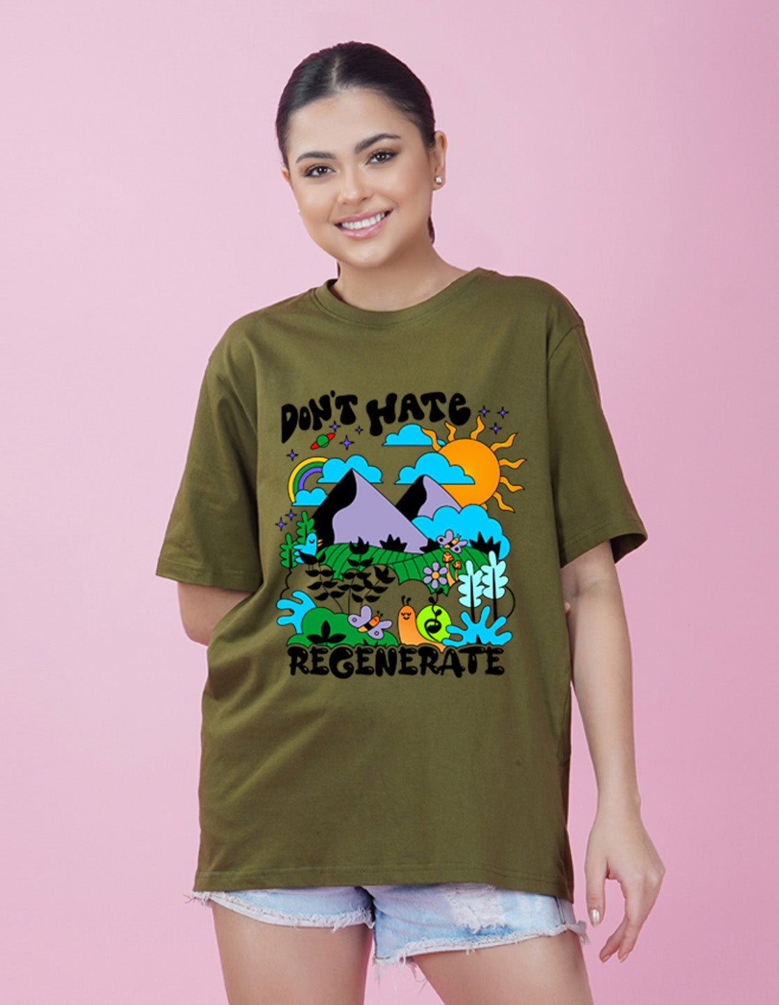 Nusyl Women Olive Scenery pint oversized t-shirt