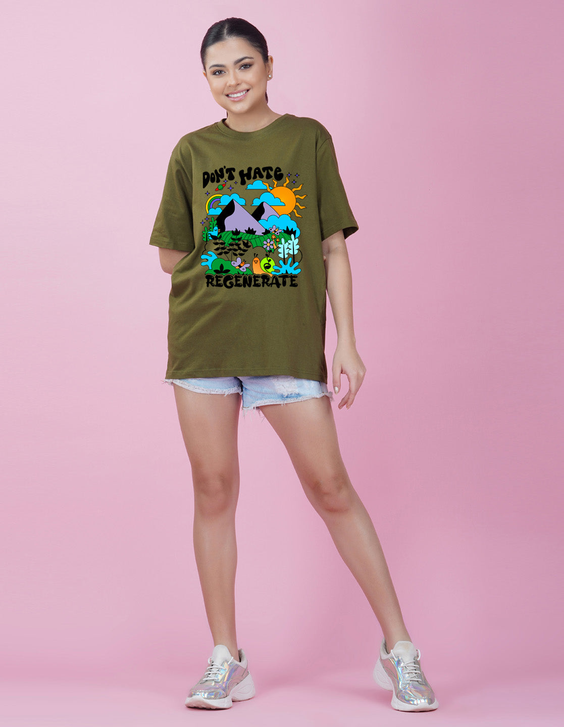 Nusyl Women Olive Scenery pint oversized t-shirt