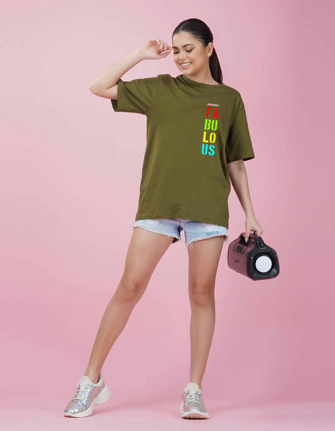 Nusyl Women Olive Fabulous print oversized t-shirt