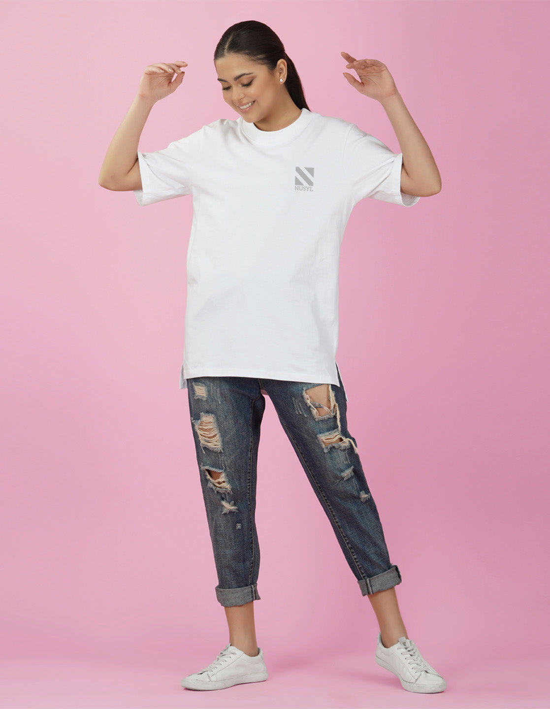 Nusyl Women White Logo Print oversized t-shirt