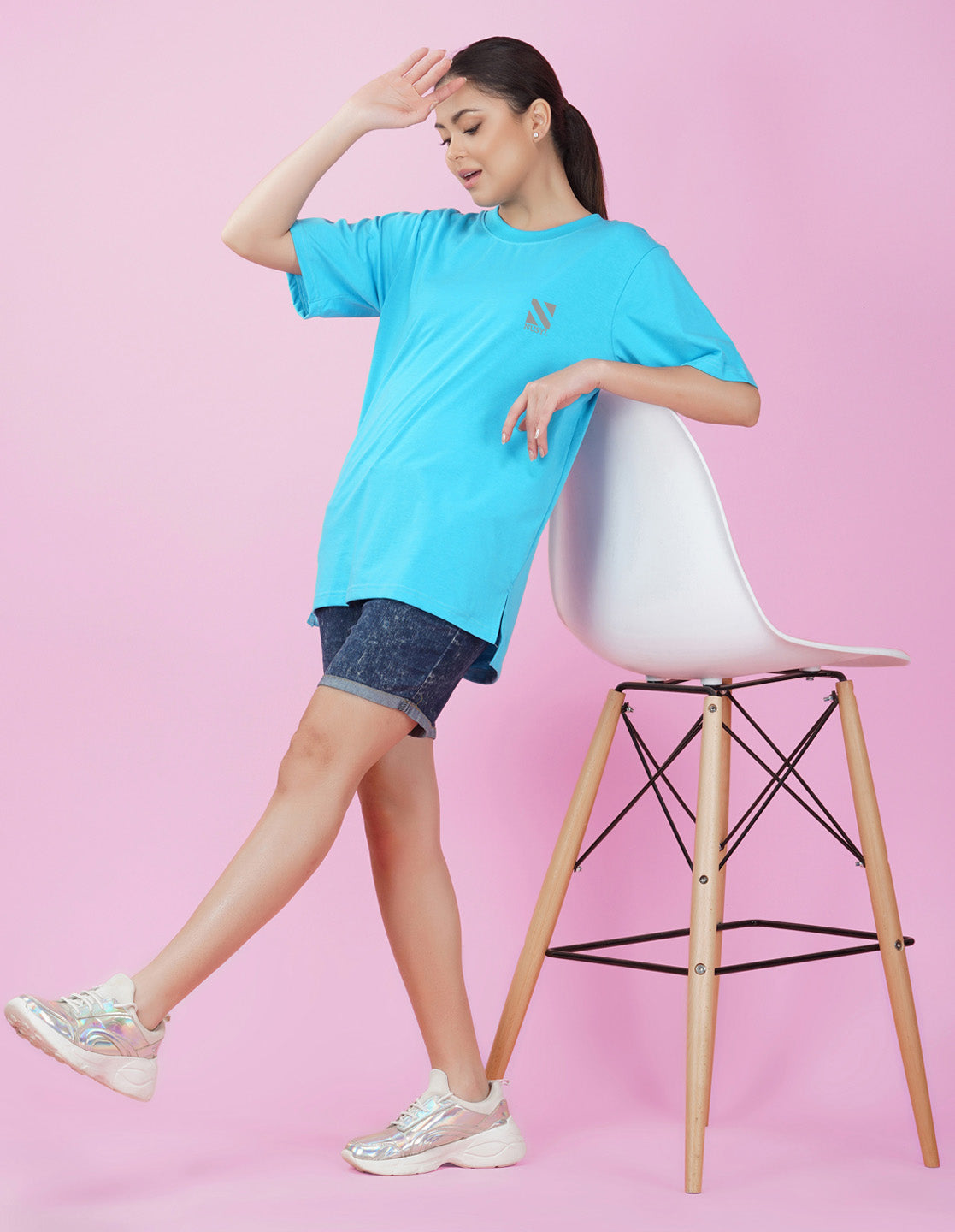 Nusyl Women Sky Blue Logo Print oversized t-shirt