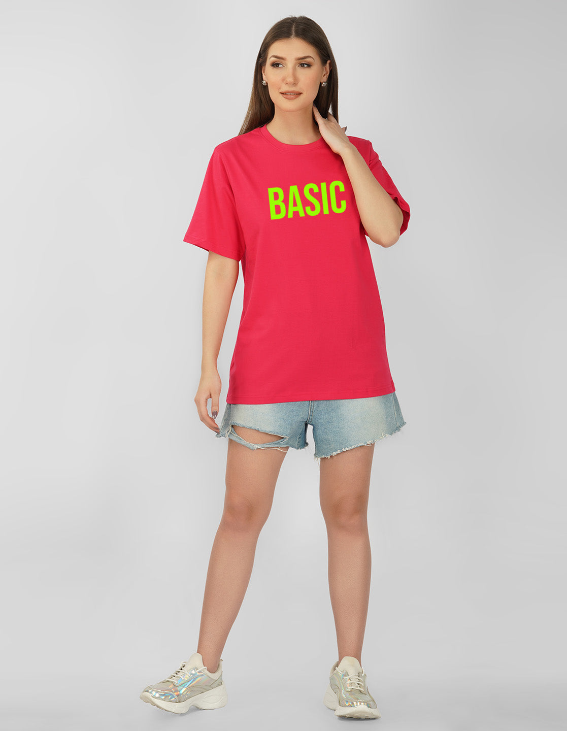 Nusyl Women Hot Pink Basic print oversized t-shirt