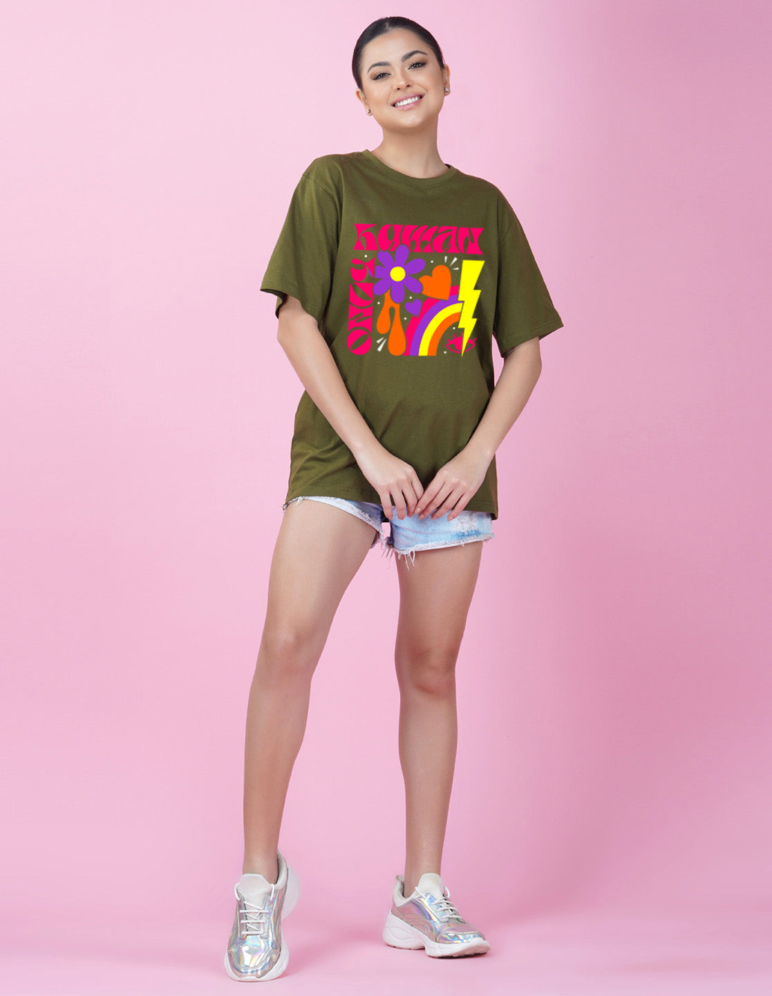 Nusyl Women Olive Abstract pint oversized t-shirt