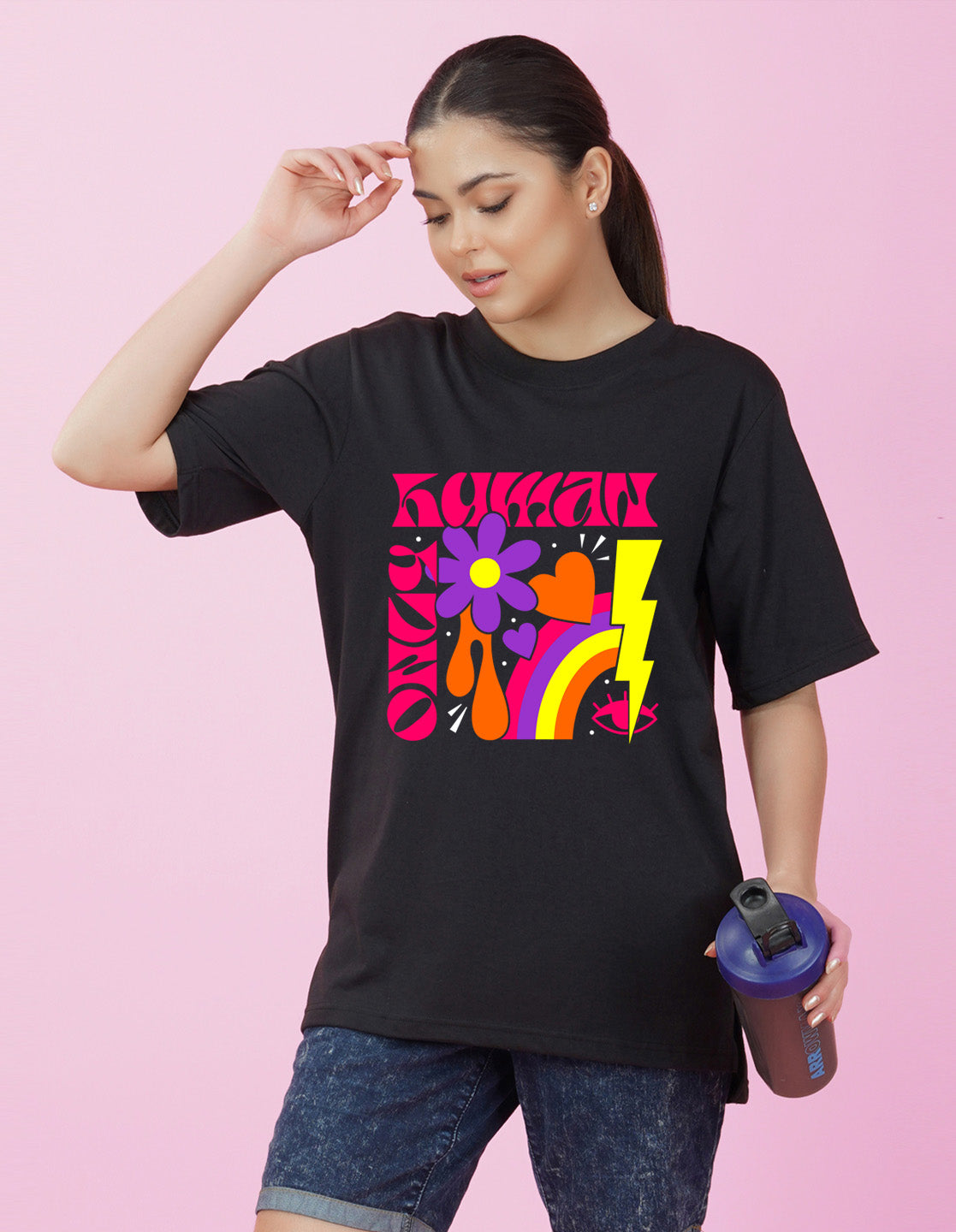 Nusyl Women Black Abstract pint oversized t-shirt