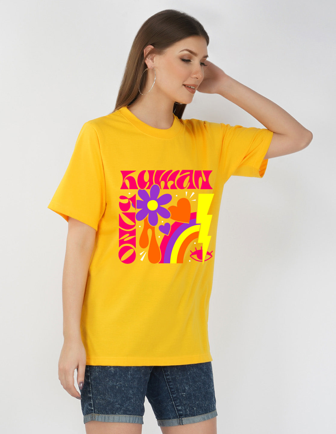Nusyl Women Yellow Abstract pint oversized t-shirt