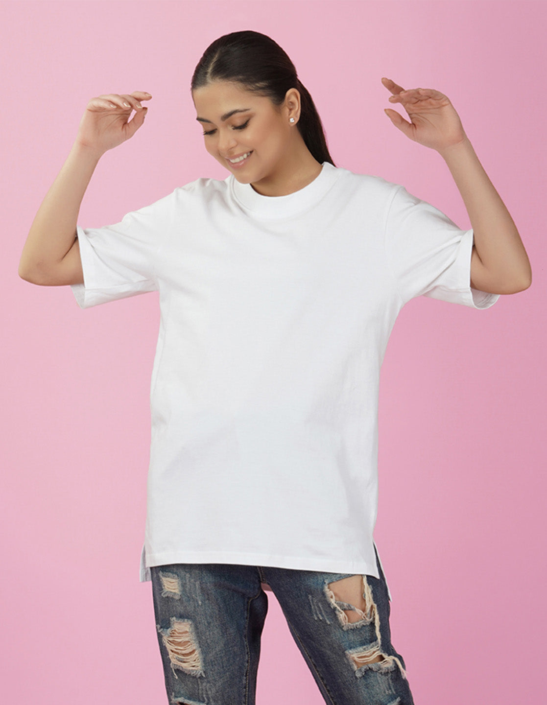 Nusyl Women White Flower print oversized t-shirt
