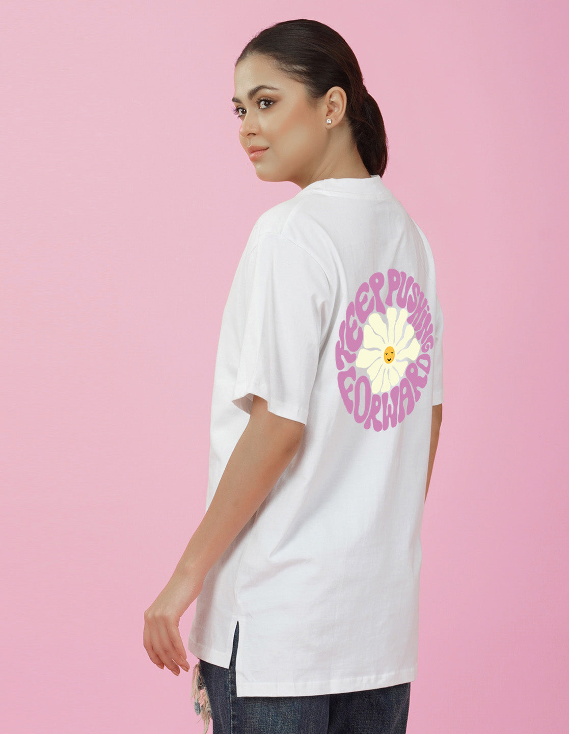 Nusyl Women White Flower print oversized t-shirt