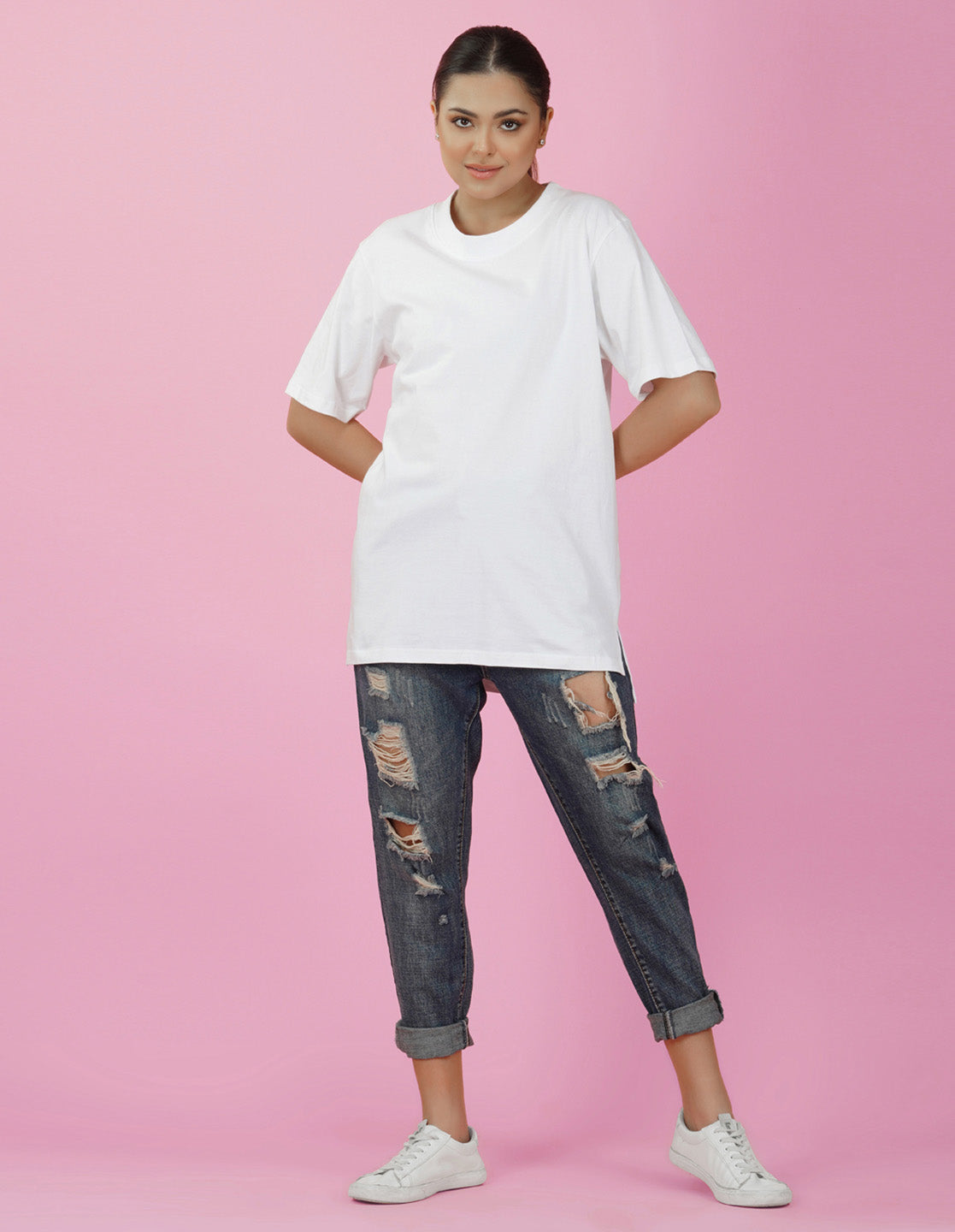 Nusyl Women White Flower print oversized t-shirt
