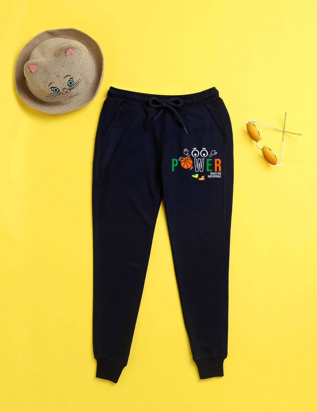 Nusyl Navy blue text printed kids unisex treck pants