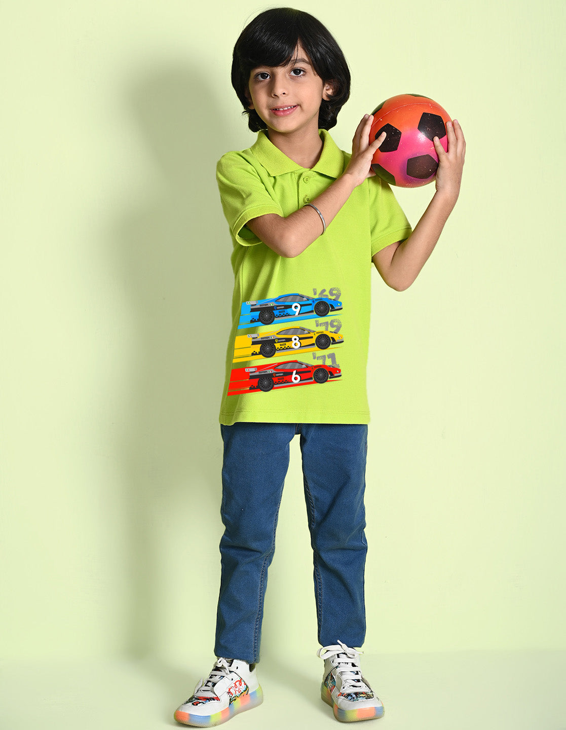 Nusyl Cars Printed Lime green Boys polo T-shirts
