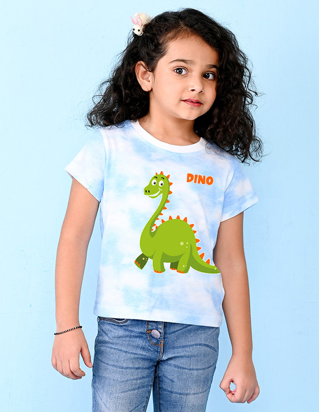 Nusyl girls blue dino printed tie & dye tshirt.