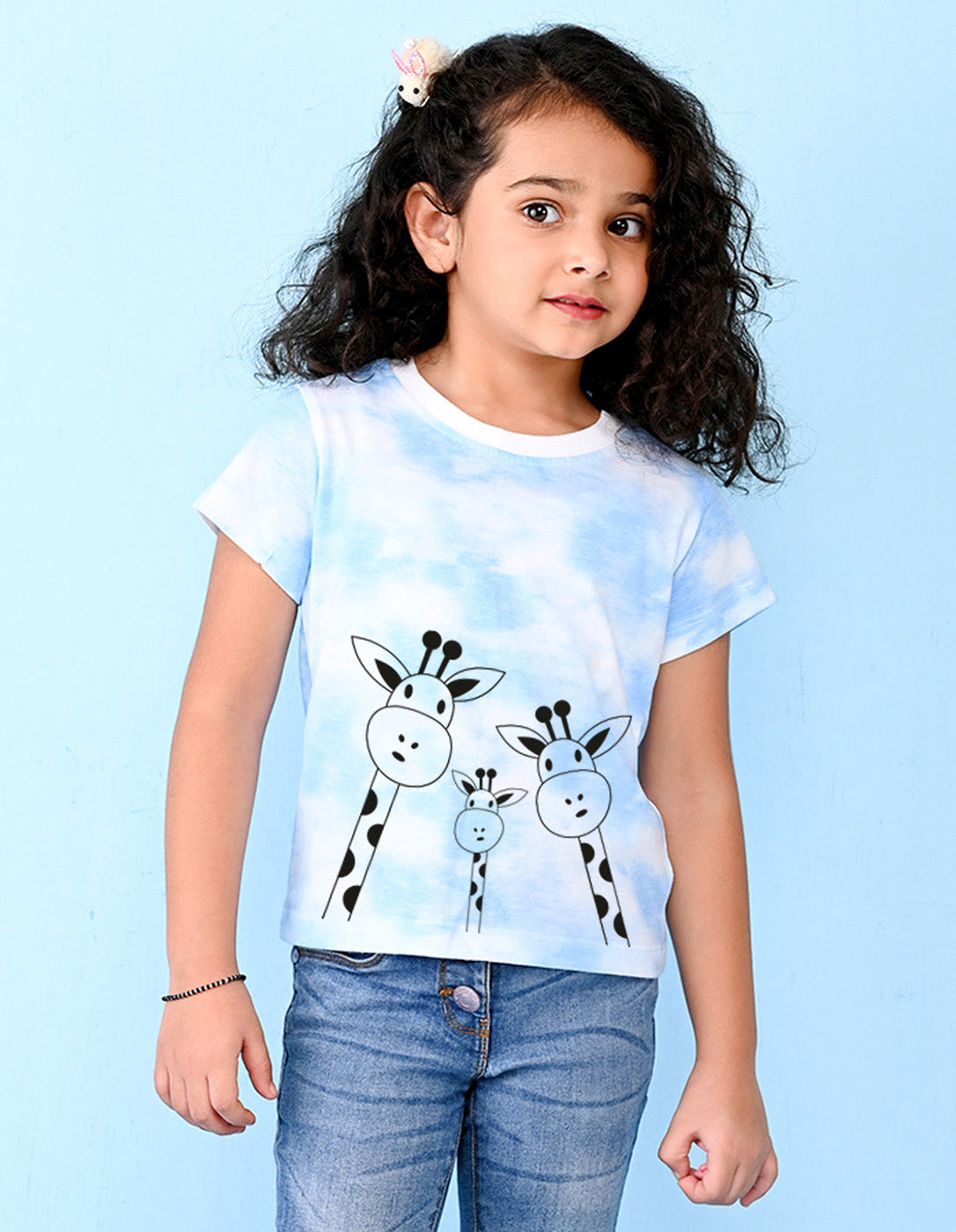 Nusyl girls blue giraffes printed tie & dye tshirt.