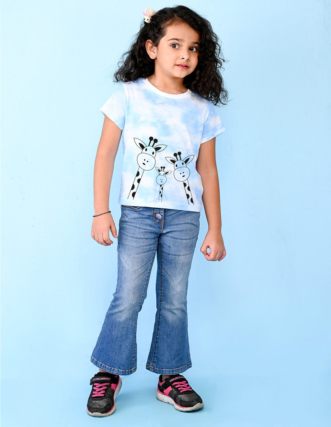 Nusyl girls blue giraffes printed tie & dye tshirt.