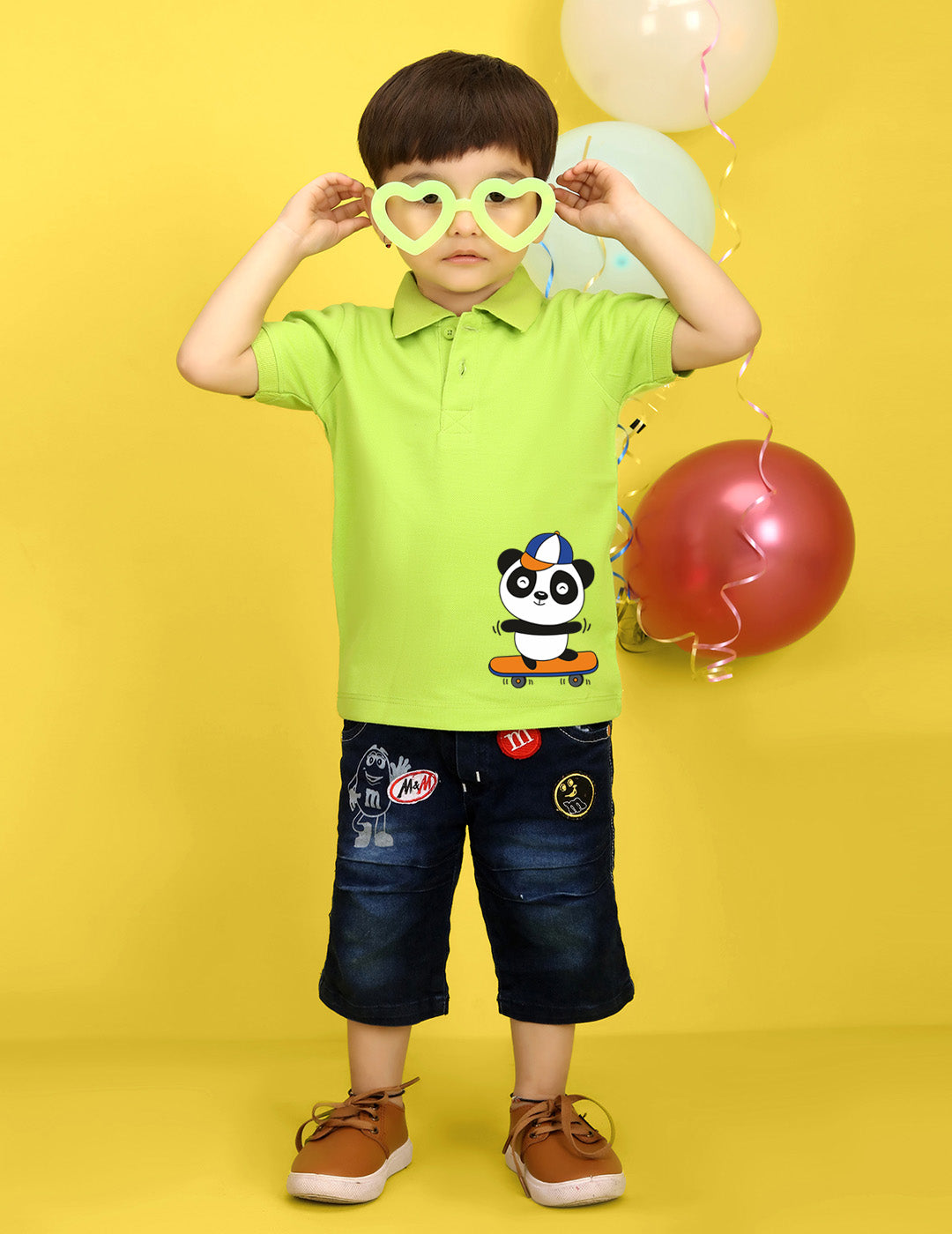 Nusyl Panda Printed Lime Green Infants Polo T-shirt