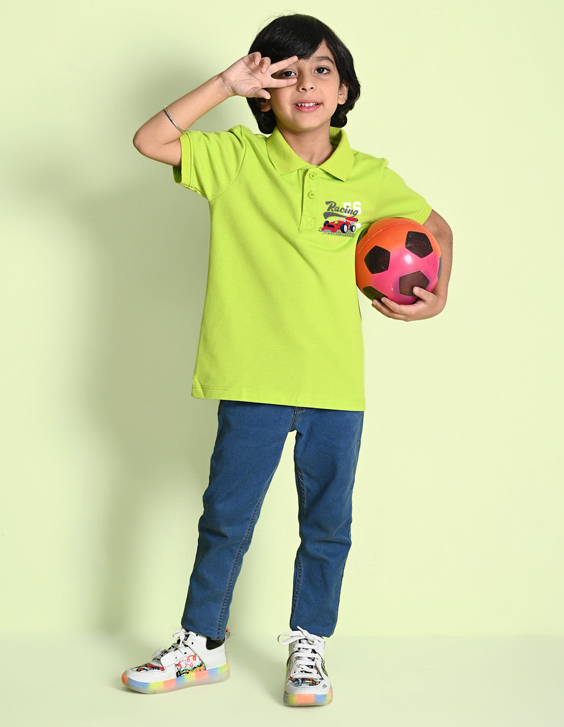 Nusyl Racing Printed Lime green Boys polo T-shirts