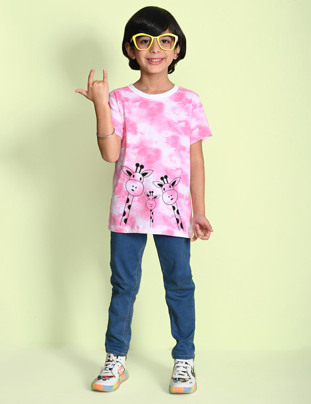 Nusyl boys giraffe printed pink tie & dye t-shirt