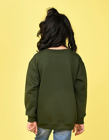 Nusyl Girl's Olive Life is Good Text Printed Round Neck Oversized Sweatshirt