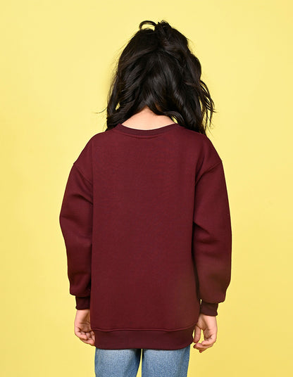 Nusyl Girl's Burgundy Girl Power Text Printed Round Neck Oversized Sweatshirt