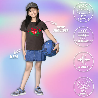 Nusyl Girls Brown Sweet Summertime Text Printed  Short sleeve Cotton Blend Oversized T-shirts