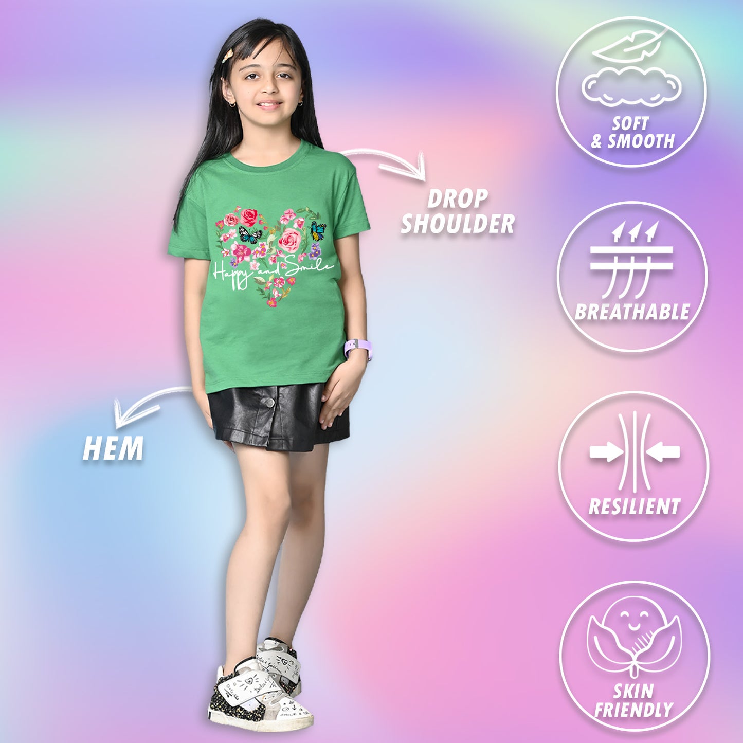 Nusyl Girls Green Flower & Text  Printed  Short sleeve Cotton Blend Oversized T-shirts