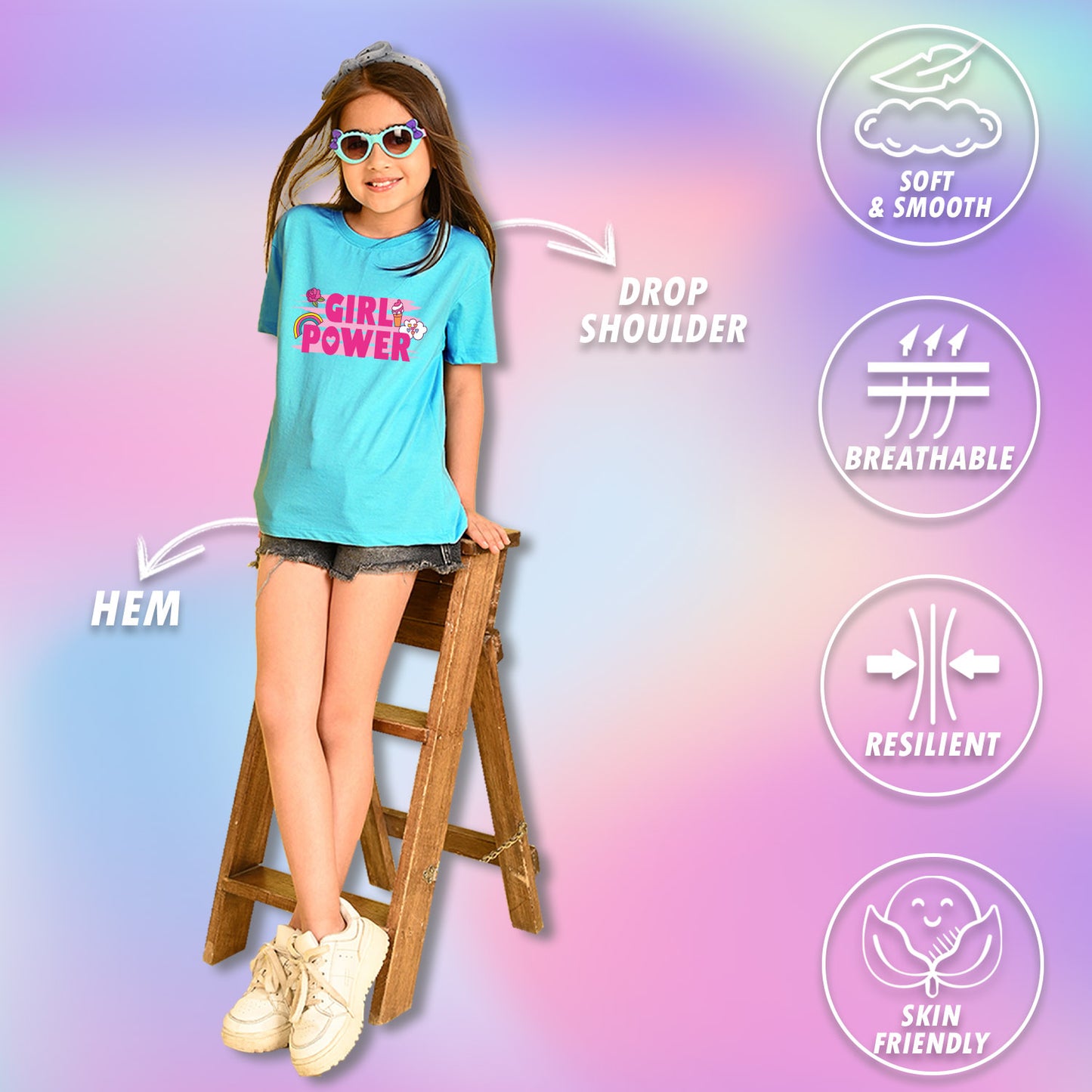 Nusyl Girls Sky Blue flower & Girl Power Text  Printed  Short sleeve  Oversized T-shirts