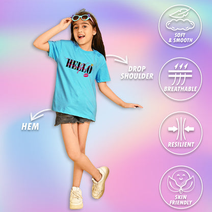 Nusyl Girls Sky Blue Hellow Text Printed  Short sleeve Cotton Blend Oversized T-shirts