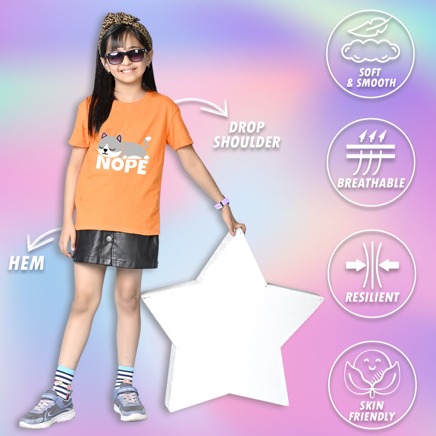 Nusyl Girls Orange Nope text Printed  Short sleeve Cotton Blend Oversized T-shirts