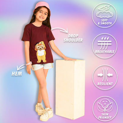 Nusyl Girls Wine Teddy Bear & Text  Printed  Short sleeve Cotton Blend Oversized T-shirts