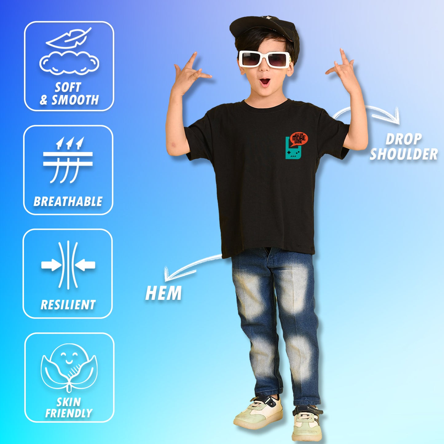 Nusyl Boys Black Just One More Game Text Printed Short Sleeve Oversized T-Shirt