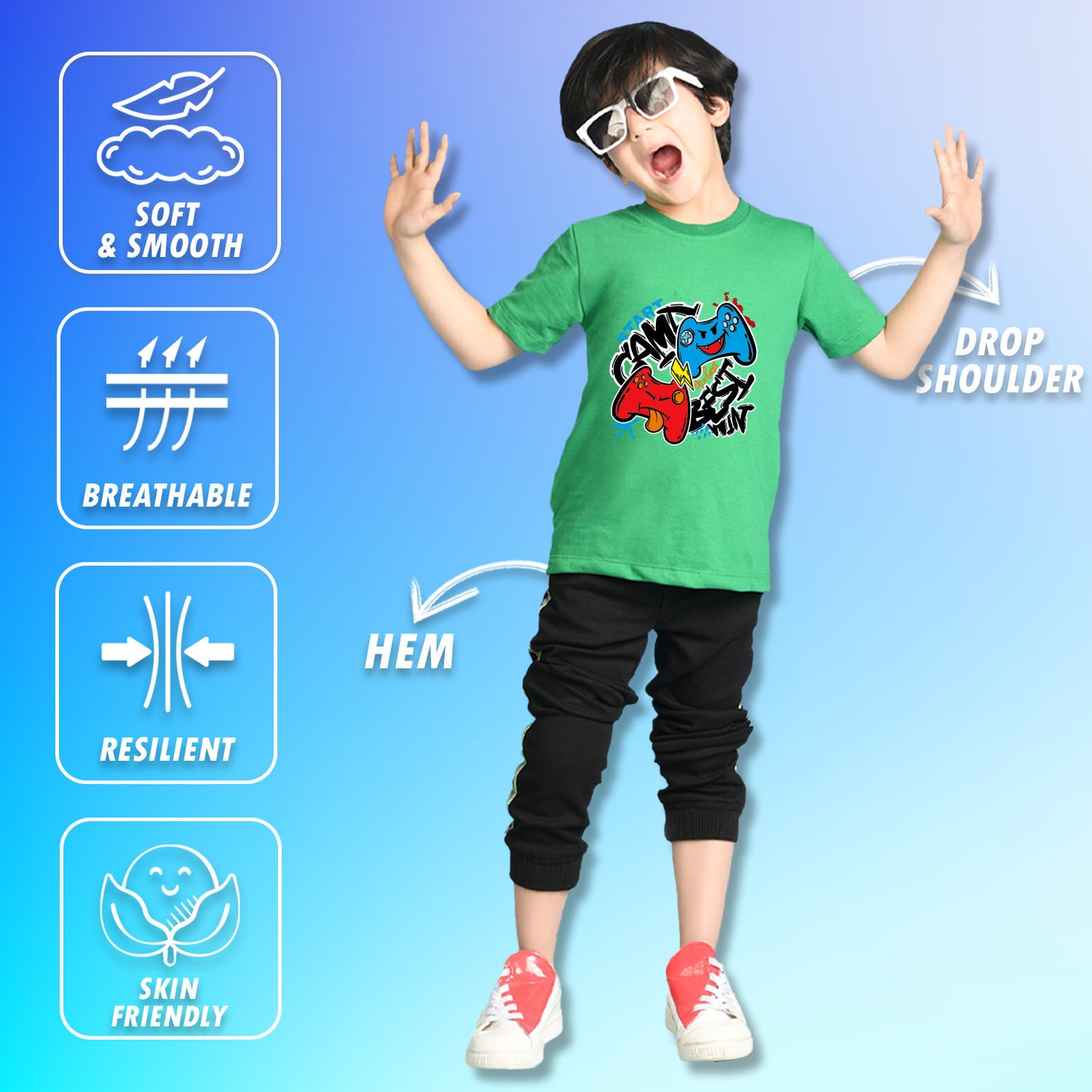 Nusyl Boys Green Best Win Text Printed Short Sleeve Oversized T-Shirt