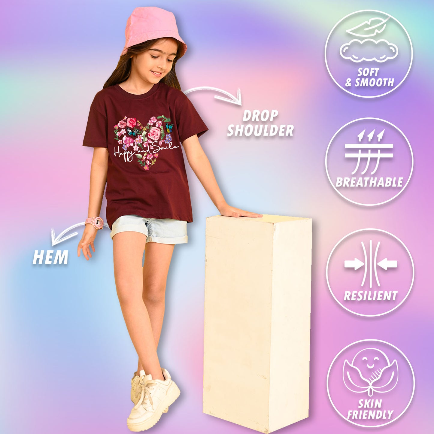 Nusyl Girls Wine Flower & Text  Printed  Short sleeve Cotton Blend Oversized T-shirts