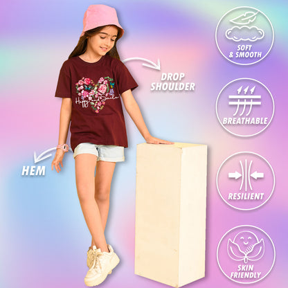 Nusyl Girls Wine Flower & Text  Printed  Short sleeve Cotton Blend Oversized T-shirts