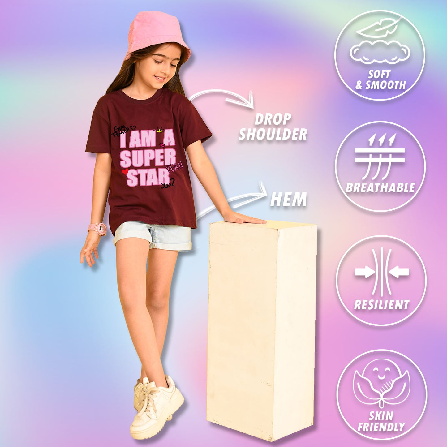 Nusyl Girls Wine i am a super star Text Printed  Short sleeve Cotton Blend Oversized T-shirts