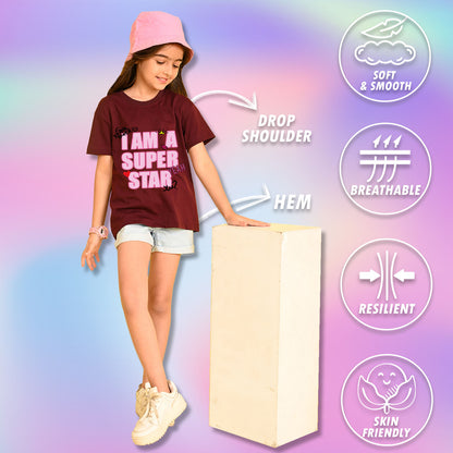 Nusyl Girls Wine i am a super star Text Printed  Short sleeve Cotton Blend Oversized T-shirts