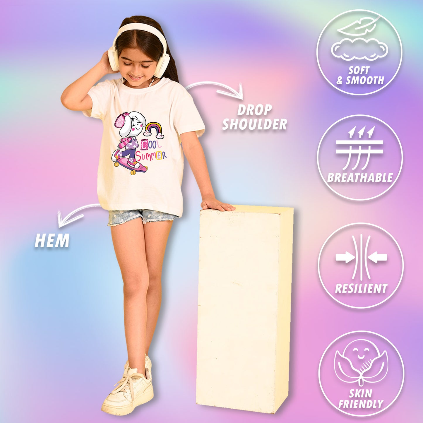 Nusyl Girls White Cool Summer Text  Printed  Short sleeve Cotton Blend Oversized T-shirts