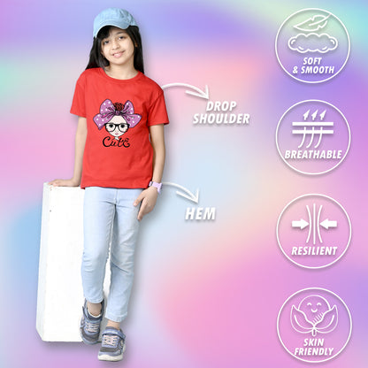 Nusyl Girls Red Cute Girl & Text Printed  Short sleeve Cotton Blend Oversized T-shirts