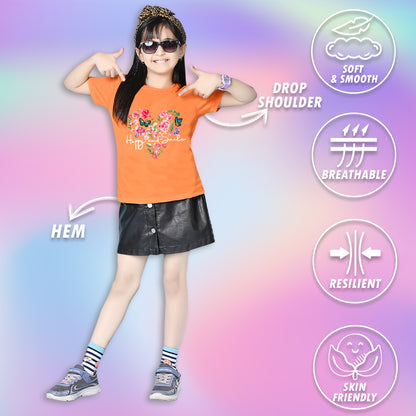 Nusyl Girls Orange Flower & Text  Printed  Short sleeve Cotton Blend Oversized T-shirts