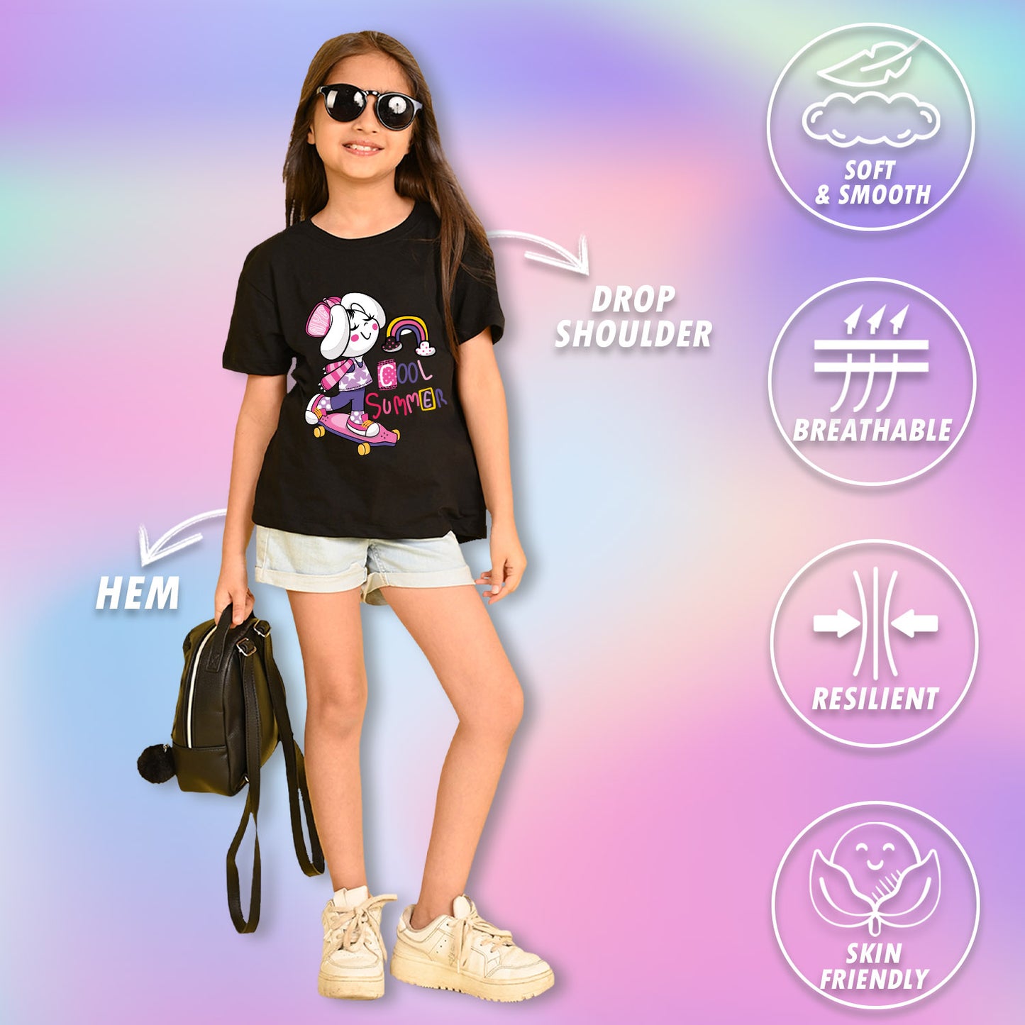 Nusyl Girls Black Cool Summer Text  Printed  Short sleeve Cotton Blend Oversized T-shirts
