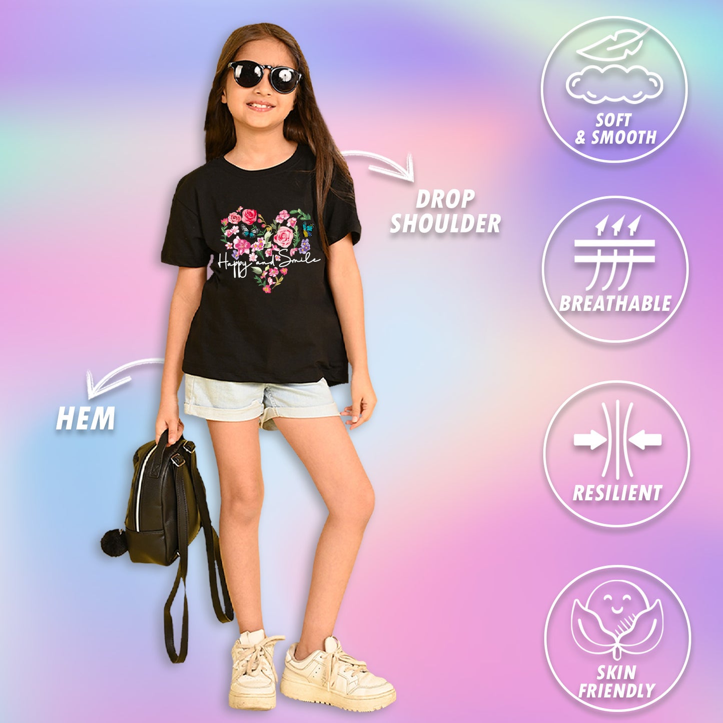 Nusyl Girls Black Flower & Text  Printed  Short sleeve Cotton Blend Oversized T-shirts