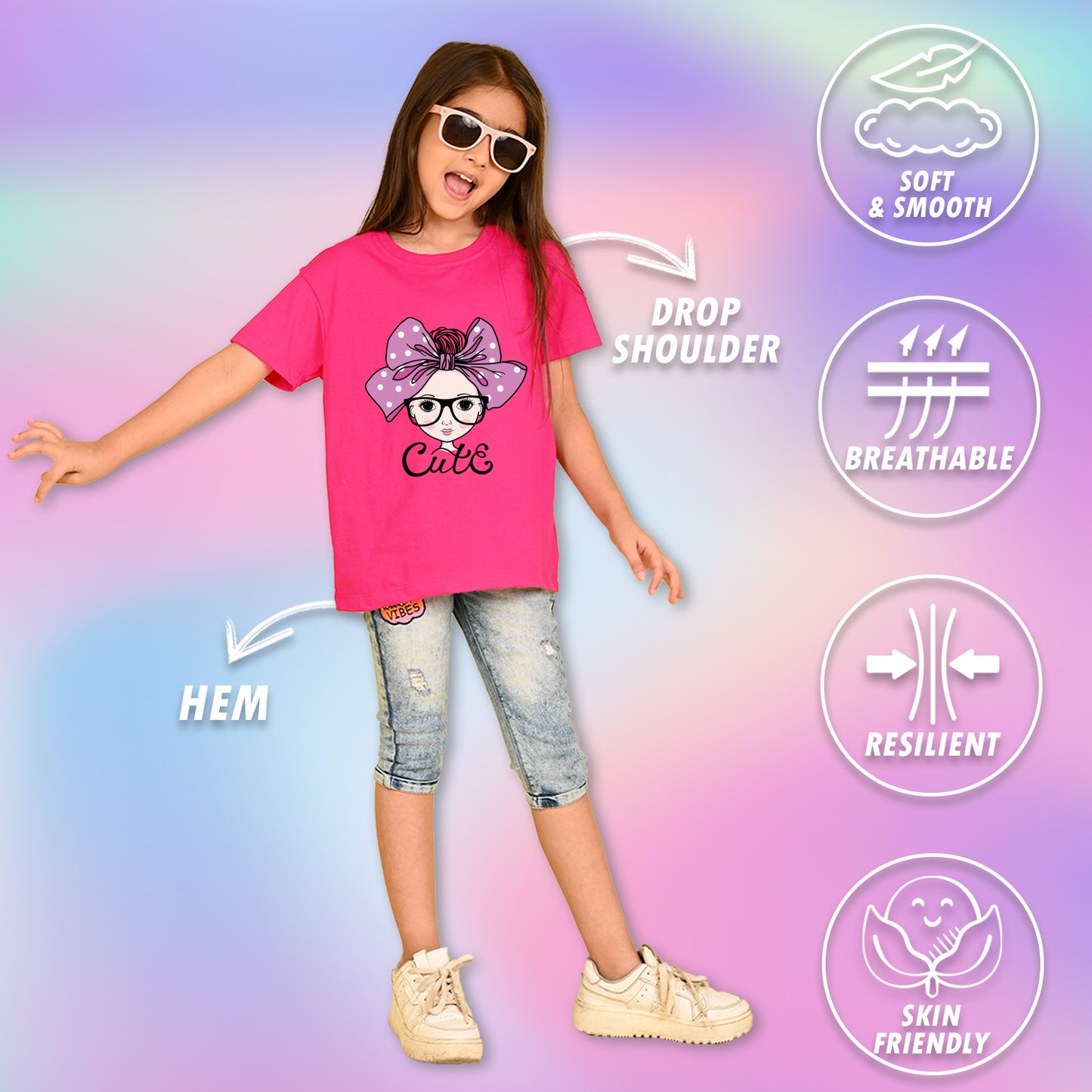 Nusyl Girls Hot Pink Cute Girl & Text Printed  Short sleeve Cotton Blend Oversized T-shirts