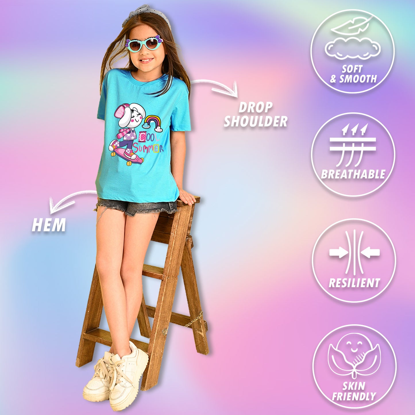 Nusyl Girls Sky Blue Cool Summer Text  Printed  Short sleeve Cotton Blend Oversized T-shirts