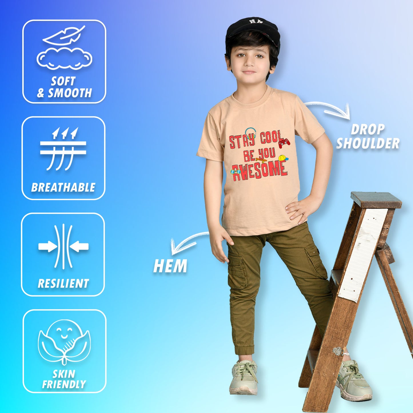 Nusyl Boys Beige Stay Cool Be You Awesome Text Printed Short Sleeve Oversized T-Shirt